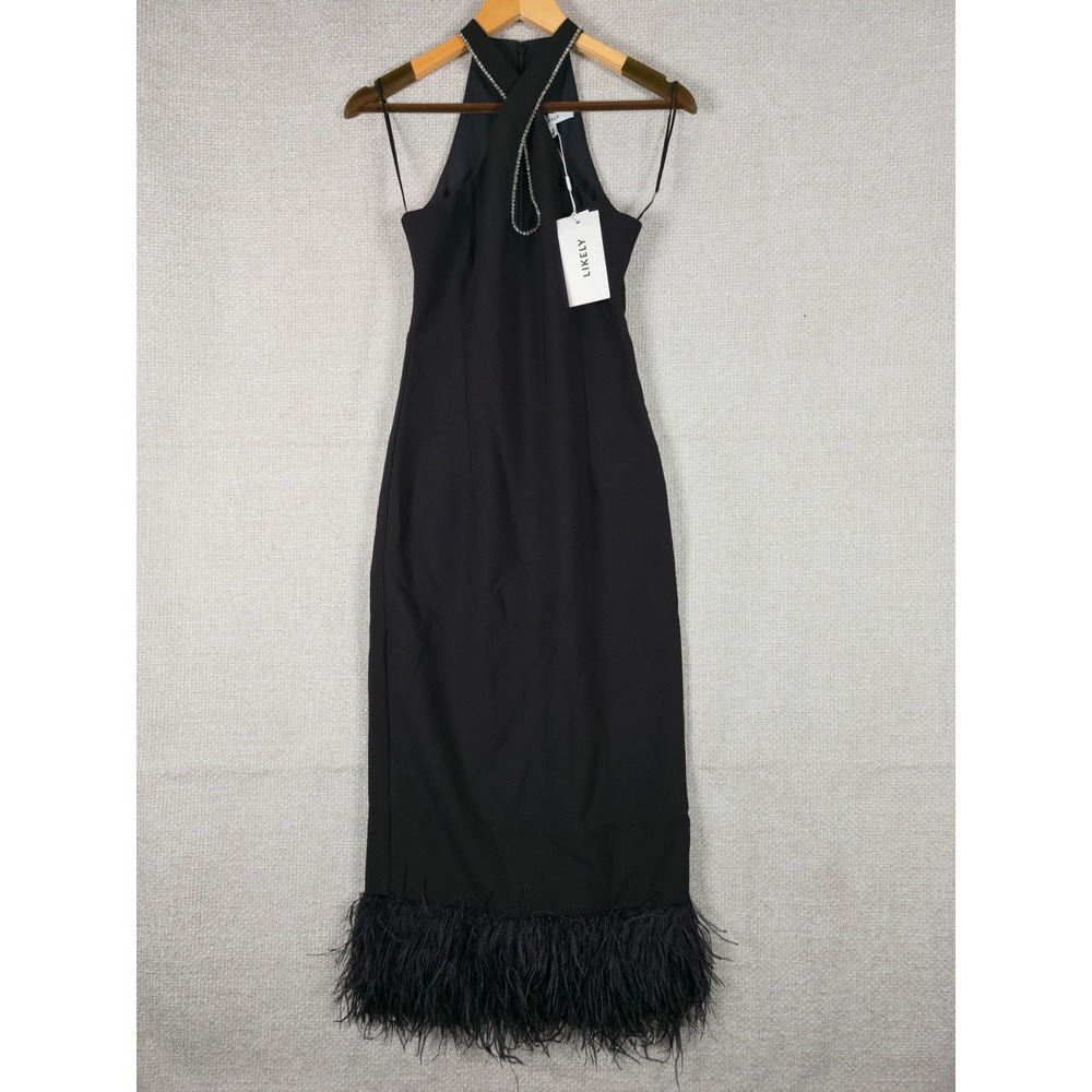 LIKELY Hadley Dress Black Halter Rhinestone Keyhole Ostrich Feather Hem Midi 0 - Picture 6 of 13